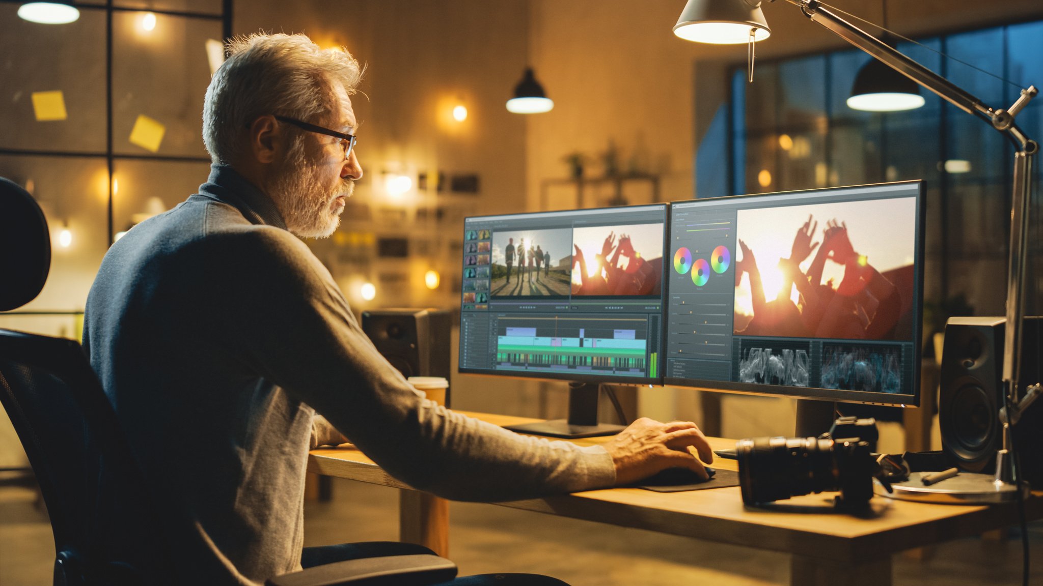 Evening in Creative Office: Professional Middle Aged Videographer Works on Desktop Computer, Doing Footage Montage, Using Video Editing Software. Modern Video Developers Office